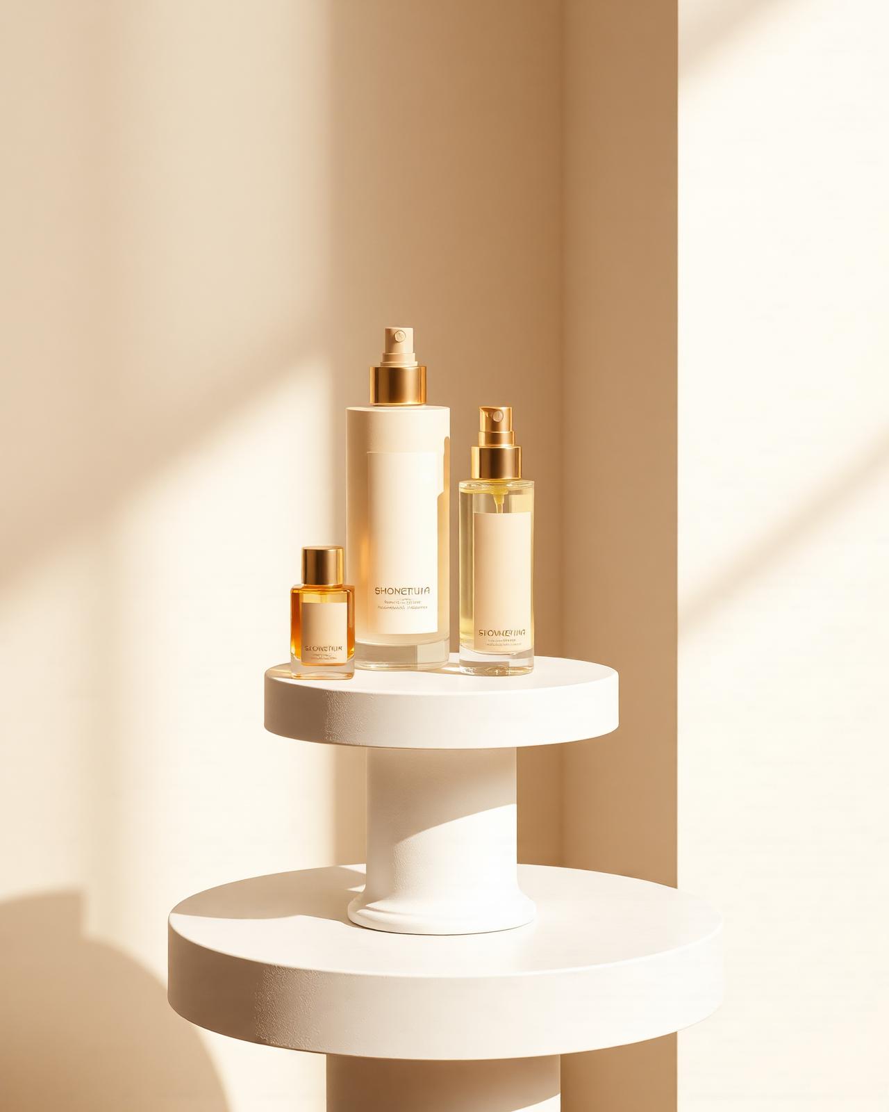 Luxury skincare bottles on ivory pedestals in warm directional light
