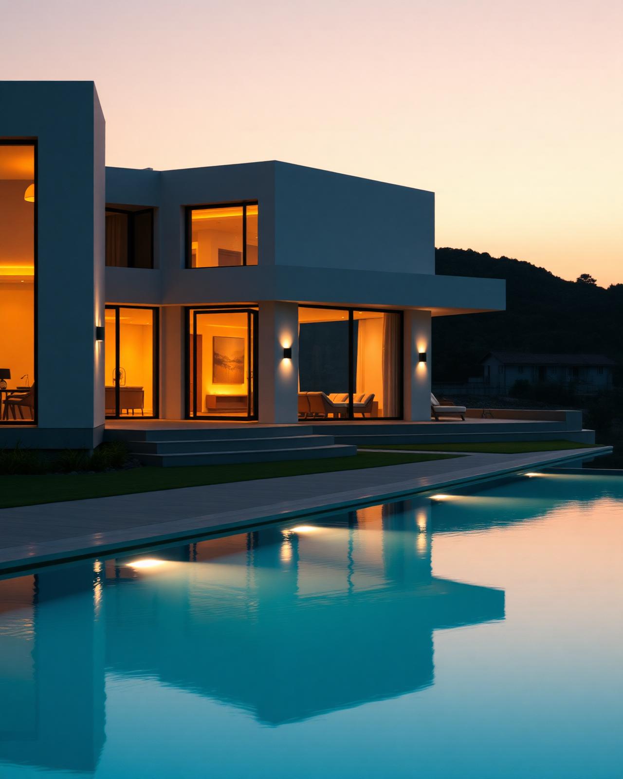 Contemporary luxury villa at dusk with lit interiors and reflecting pool
